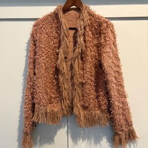 Chic Textured Fringe‎ Jacket Small Gold Crest Buttons Shaggy Monster Jackie O